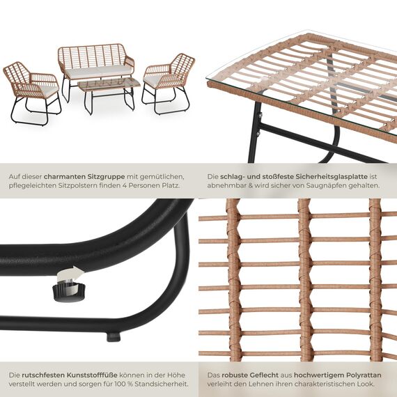tectake® Outdoor Rattan Sitzgruppe, Möbel, Balkonmöbel, Gartenmöbel Set mit 1x Gartenbank, 2X Stühle + Tisch, Balkonmöbelset für Garten, Terrasse, Balkon - Natur