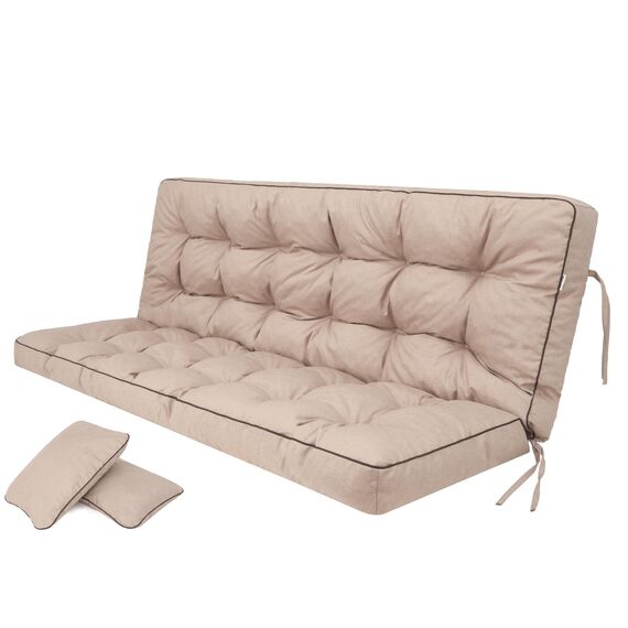 PillowPrim Beige Kissen für Hollywoodschaukel, Gartenschaukelkissen 150 cm, Komfort Sitzbank mit Rückenlehne, Inklusive Zwei Rückenlehnen-Kissen