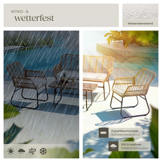 tectake® Outdoor Rattan Sitzgruppe, Möbel, Balkonmöbel, Gartenmöbel Set mit 1x Gartenbank, 2X Stühle + Tisch, Balkonmöbelset für Garten, Terrasse, Balkon - Natur