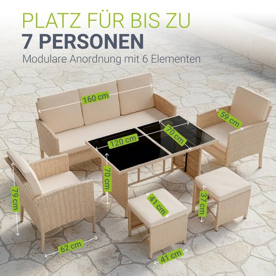 Juskys® Polyrattan Gartenmöbel Sitzgruppe Turin Set 6 teilig - 7 Personen - Outdoor Möbel mit Sessel, Hocker, Tisch & Kissen - Loungemöbel Creme