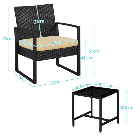 Yaheetech Balkonmöbel Set, Gartenmöbel-Set aus PE-Polyrattan Wetterfest inkl. 2 Stühle mit Sitzkissen & Tisch, 3Teilig Terrassenmöbel Sitzgruppe Lounge Set für Balkon/Terrasse/Garten, Schwarz-Khaki