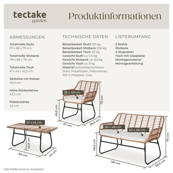 tectake® Outdoor Rattan Sitzgruppe, Möbel, Balkonmöbel, Gartenmöbel Set mit 1x Gartenbank, 2X Stühle + Tisch, Balkonmöbelset für Garten, Terrasse, Balkon - Natur