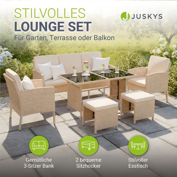 Juskys® Polyrattan Gartenmöbel Sitzgruppe Turin Set 6 teilig - 7 Personen - Outdoor Möbel mit Sessel, Hocker, Tisch & Kissen - Loungemöbel Creme