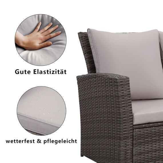 MeXo Balkonmöbel Set 4 Personen Kleiner Balkon, wetterfest pflegeleicht, Belastbarkeit pro Sitzplatz bis zur 140kg, Lounge Rattan Outdoor Grau