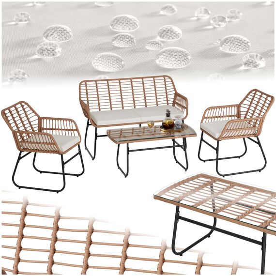 tectake® Outdoor Rattan Sitzgruppe, Möbel, Balkonmöbel, Gartenmöbel Set mit 1x Gartenbank, 2X Stühle + Tisch, Balkonmöbelset für Garten, Terrasse, Balkon - Natur