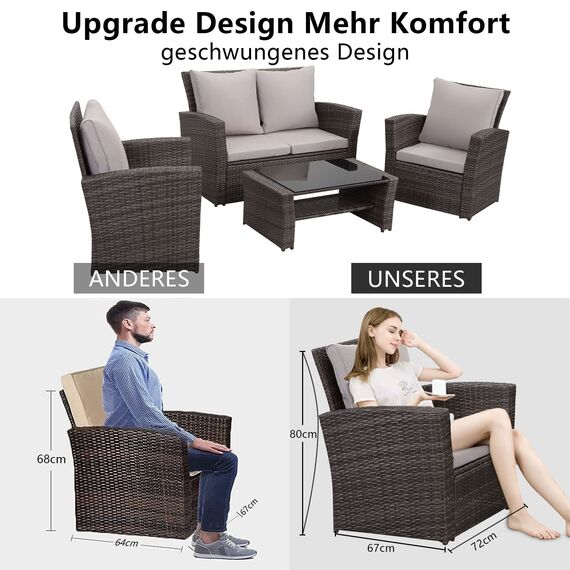 MeXo Balkonmöbel Set 4 Personen Kleiner Balkon, wetterfest pflegeleicht, Belastbarkeit pro Sitzplatz bis zur 140kg, Lounge Rattan Outdoor Grau