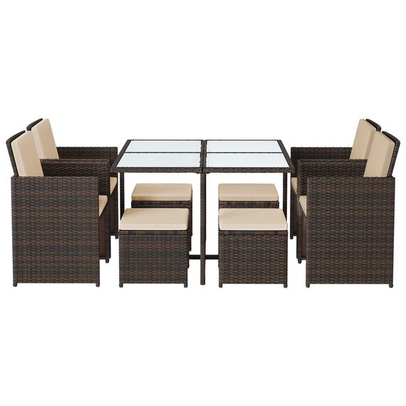 SONGMICS Gartenmöbel-Set Polyrattan Lounge, Esszimmermöbel, Esstisch und Stühle, 9er Set, aus PE-Rattan, Terrassenmöbel, Couchtisch mit Glasoberfläche, mit Kissen, platzsparend, braun-beige GGF009K02