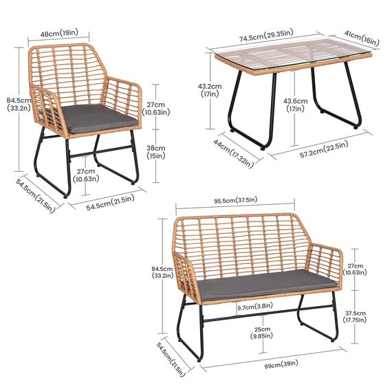 buybyroom Gartenmöbel-Set für den Außenbereich, 4 Personen, Rattan-Sessel, Tisch und Stuhl für den Außenbereich, inklusive 2-Sitzer-Sofa + 2 Sessel + 1 Gartentisch, abnehmbare Kissen