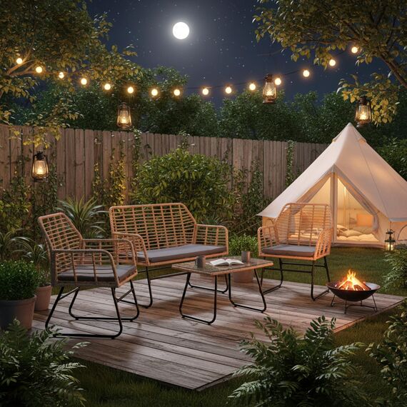 buybyroom Gartenmöbel-Set für den Außenbereich, 4 Personen, Rattan-Sessel, Tisch und Stuhl für den Außenbereich, inklusive 2-Sitzer-Sofa + 2 Sessel + 1 Gartentisch, abnehmbare Kissen