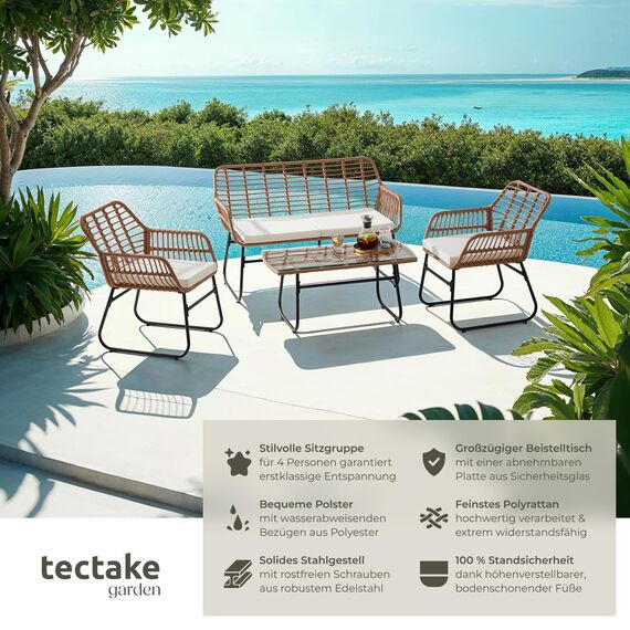 tectake® Outdoor Rattan Sitzgruppe, Möbel, Balkonmöbel, Gartenmöbel Set mit 1x Gartenbank, 2X Stühle + Tisch, Balkonmöbelset für Garten, Terrasse, Balkon - Natur