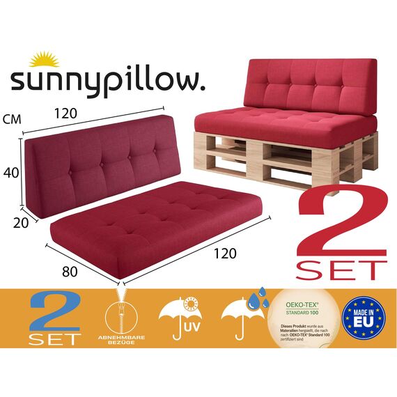 sunnypillow Palettenkissen Outdoor, UV-lichtecht, wasserdicht - 2er Set - Palettenauflage für Palettensofa für Haus und Garten - Palettenpolster für Palettenmöbel - Rückenkissen & Sitzkissen Rot