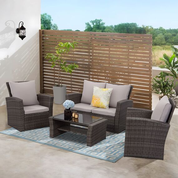 MeXo Balkonmöbel Set 4 Personen Kleiner Balkon, wetterfest pflegeleicht, Belastbarkeit pro Sitzplatz bis zur 140kg, Lounge Rattan Outdoor Grau