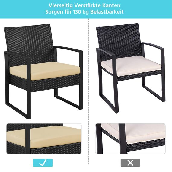 Yaheetech Balkonmöbel Set, Gartenmöbel-Set aus PE-Polyrattan Wetterfest inkl. 2 Stühle mit Sitzkissen & Tisch, 3Teilig Terrassenmöbel Sitzgruppe Lounge Set für Balkon/Terrasse/Garten, Schwarz-Khaki