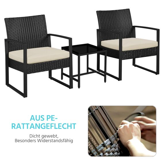 Yaheetech Balkonmöbel Set, Gartenmöbel-Set aus PE-Polyrattan Wetterfest inkl. 2 Stühle mit Sitzkissen & Tisch, 3 Teilig Terrassenmöbel Sitzgruppe Lounge Set für Balkon/Terrasse/Garten, Schwarz+Beige