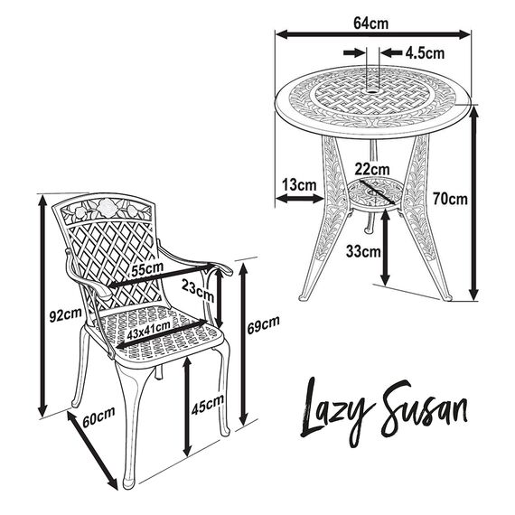 Lazy Susan | Ivy-Bistro-Tisch aus Aluguss mit 2 Stühlen | Garten-Set | Antik-Bronze | Wetterfest | 3 Jahre Garantie | (Rose Stühle, Keine Kissen)