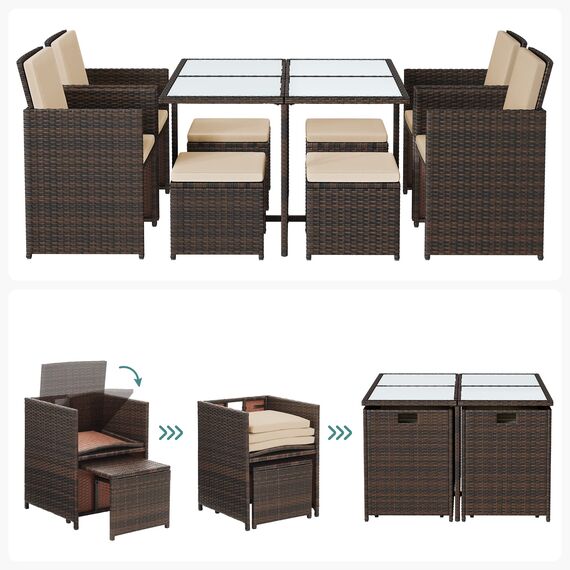 SONGMICS Gartenmöbel-Set Polyrattan Lounge, Esszimmermöbel, Esstisch und Stühle, 9er Set, aus PE-Rattan, Terrassenmöbel, Couchtisch mit Glasoberfläche, mit Kissen, platzsparend, braun-beige GGF009K02