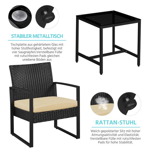 Yaheetech Balkonmöbel Set, Gartenmöbel-Set aus PE-Polyrattan Wetterfest inkl. 2 Stühle mit Sitzkissen & Tisch, 3Teilig Terrassenmöbel Sitzgruppe Lounge Set für Balkon/Terrasse/Garten, Schwarz-Khaki