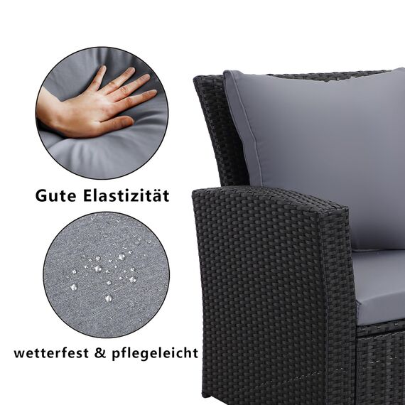 MeXo Balkonmöbel Set 4 Personen Kleiner Balkon, wetterfest pflegeleicht, Belastbarkeit pro Sitzplatz bis zur 140kg, Lounge Rattan Outdoor Schwarz