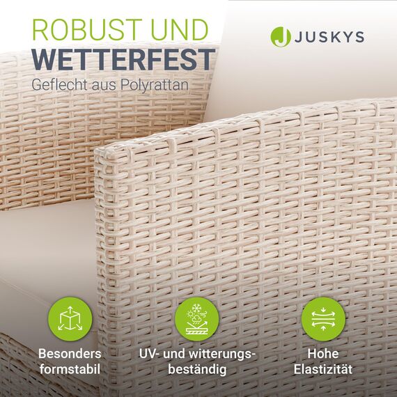 Juskys® Polyrattan Gartenmöbel Sitzgruppe Turin Set 6 teilig - 7 Personen - Outdoor Möbel mit Sessel, Hocker, Tisch & Kissen - Loungemöbel Creme