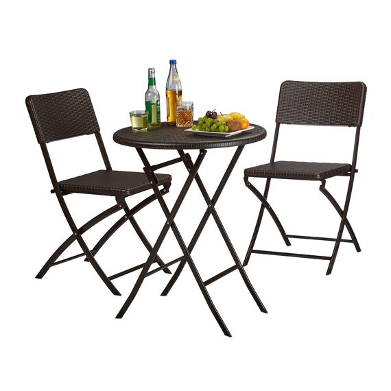 Relaxdays Gartenmöbel Set Bastian, klappbar, 3-teilig, Rattan-Optik, klein, HBT Tisch: 75,5 x 60 x 60 cm, braun