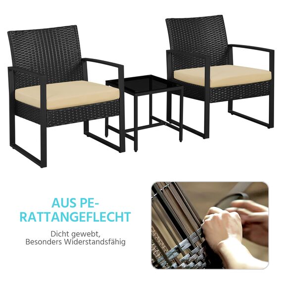 Yaheetech Balkonmöbel Set, Gartenmöbel-Set aus PE-Polyrattan Wetterfest inkl. 2 Stühle mit Sitzkissen & Tisch, 3Teilig Terrassenmöbel Sitzgruppe Lounge Set für Balkon/Terrasse/Garten, Schwarz-Khaki