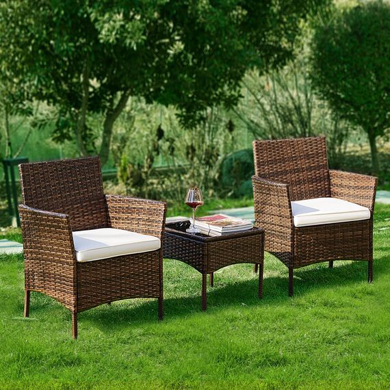 DUMOS Rattan Gartenmöbel Set, Wasserfest und Atmungsaktiv Terrassenmöbel, Balkonmöbel mit 2 Armlehnstühlen, 2-Personen-Möbelsets, Balkon Möbel Geeignet für Balkon, Garten, Hinterhof, Pool (Braun)