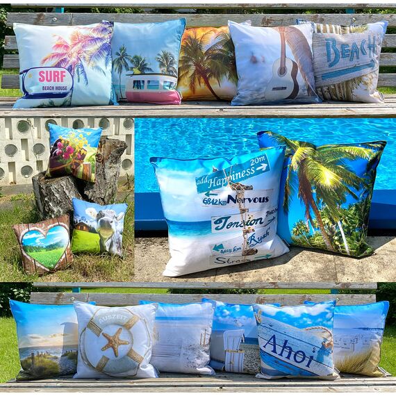 heimtexland ® Outdoorkissen Bedruckt 45x45 Garten Lounge Dekokissen Outdoor Lotus Effekt Typ742 Südsee Palme