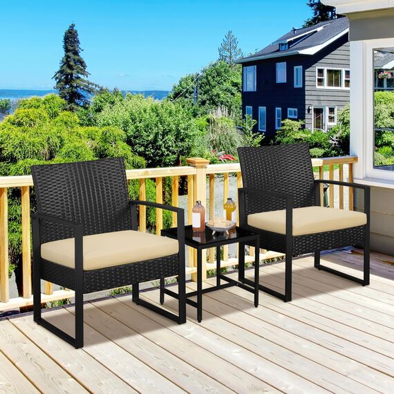 Yaheetech Balkonmöbel Set, Gartenmöbel-Set aus PE-Polyrattan Wetterfest inkl. 2 Stühle mit Sitzkissen & Tisch, 3Teilig Terrassenmöbel Sitzgruppe Lounge Set für Balkon/Terrasse/Garten, Schwarz-Khaki