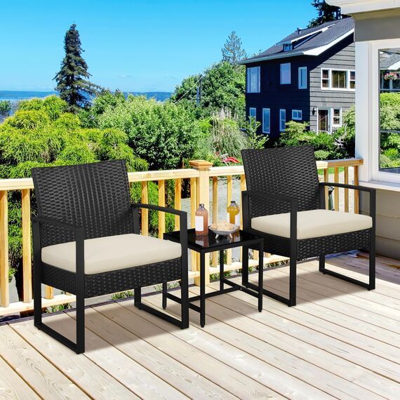 Yaheetech Balkonmöbel Set, Gartenmöbel-Set aus PE-Polyrattan Wetterfest inkl. 2 Stühle mit Sitzkissen & Tisch, 3 Teilig Terrassenmöbel Sitzgruppe Lounge Set für Balkon/Terrasse/Garten, Schwarz+Beige