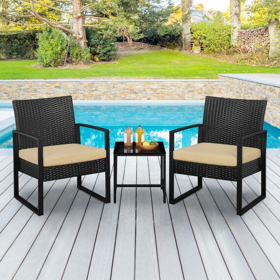 Yaheetech Balkonmöbel Set, Gartenmöbel-Set aus PE-Polyrattan Wetterfest inkl. 2 Stühle mit Sitzkissen & Tisch, 3Teilig Terrassenmöbel Sitzgruppe Lounge Set für Balkon/Terrasse/Garten, Schwarz-Khaki