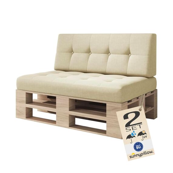sunnypillow Palettenkissen Outdoor, UV-lichtecht, wasserdicht - 2er Set - Palettenauflage für Palettensofa für Haus, Garten - Palettenpolster für Palettenmöbel - Rückenkissen & Sitzkissen Cremefarben
