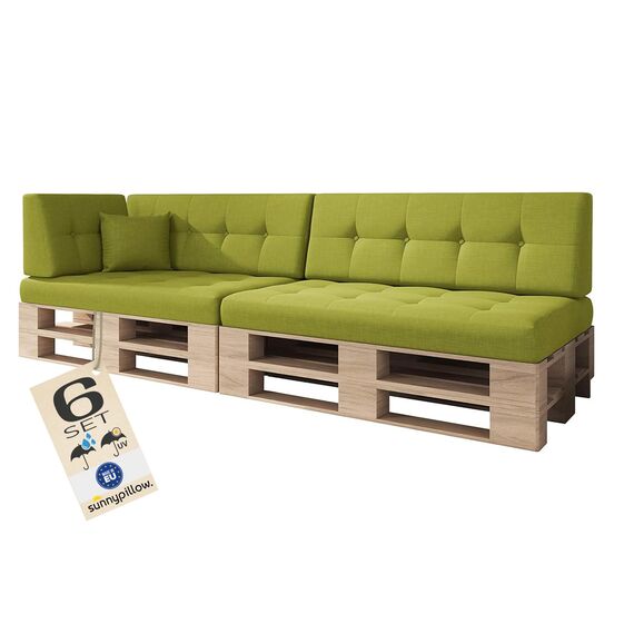 sunnypillow Palettenkissen Outdoor, UV-lichtecht, wasserdicht - 6er Set - Palettenauflage für Palettensofa für Haus und Garten - Palettenpolster für Palettenmöbel - Rückenkissen & Sitzkissen Grün