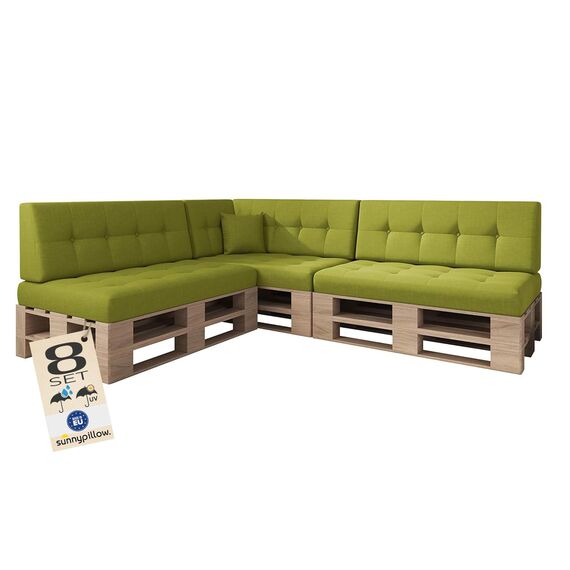 sunnypillow Palettenkissen Outdoor, UV-lichtecht, wasserdicht - 8er Set - Palettenauflage für Palettensofa für Haus und Garten - Palettenpolster für Palettenmöbel - Rückenkissen & Sitzkissen Grün