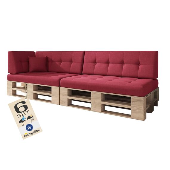 sunnypillow Palettenkissen Outdoor, UV-lichtecht, wasserdicht - 6er Set - Palettenauflage für Palettensofa für Haus und Garten - Palettenpolster für Palettenmöbel - Rückenkissen & Sitzkissen Rot