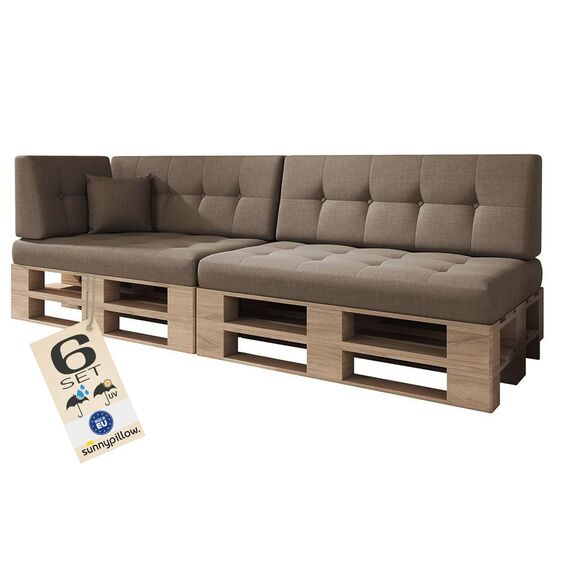 sunnypillow Palettenkissen Outdoor, UV-lichtecht, wasserdicht - 6er Set - Palettenauflage für Palettensofa für Haus und Garten - Palettenpolster für Palettenmöbel - Rückenkissen & Sitzkissen Braun