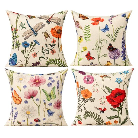 All Smiles Spring Outdoor Throw Pillow Covers Garden Flowers Farmhouse Outside Furniture Bench Decorative Cushion 16" X 16" Set of 4 for Patio Sofa Couch Chair,Butterfly Dragonfly Summer Decorations