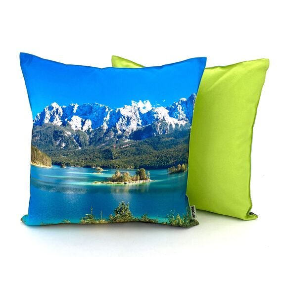 heimtexland ® Outdoorkissen Bedruckt 45x45 Garten Lounge Dekokissen Outdoor Lotus Effekt Typ742 Alpen Bergsee