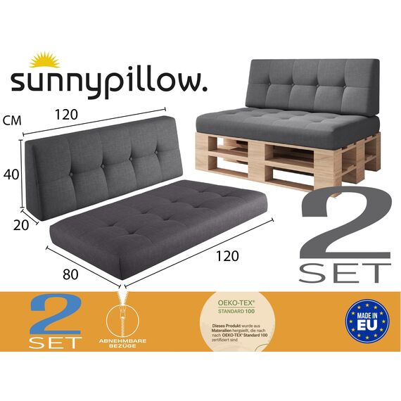 sunnypillow Palettenkissen für Palettenmöbel - 2er Set - Palettenauflage für Palettensofa - Palettenpolster für Garten, Gesteppte Kissen für Europaletten - Rückenkissen & Sitzkissen Anthrazit