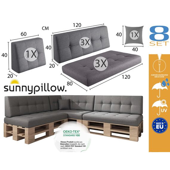 sunnypillow Palettenkissen Outdoor, UV-lichtecht, wasserdicht - 8er Set - Palettenauflage für Palettensofa für Haus und Garten - Palettenpolster für Palettenmöbel - Rückenkissen & Sitzkissen Grau