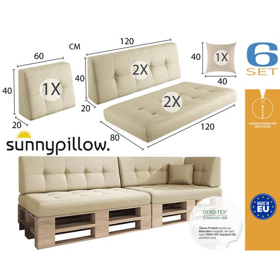 sunnypillow Palettenkissen für Palettenmöbel - 6er Set - Palettenauflage für Palettensofa - Palettenpolster für Garten, Gesteppte Kissen mit Knöpfen für Europaletten - Rückenkissen & Sitzkissen Ecru