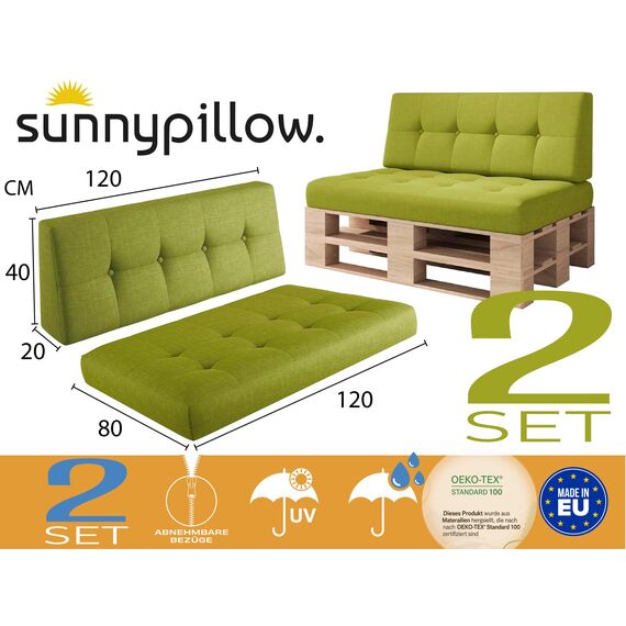 sunnypillow Palettenkissen Outdoor, UV-lichtecht, wasserdicht - 2er Set - Palettenauflage für Palettensofa für Haus und Garten - Palettenpolster für Palettenmöbel - Rückenkissen & Sitzkissen Grün