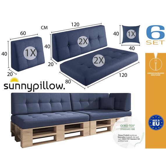 sunnypillow Palettenkissen für Palettenmöbel - 6er Set - Palettenauflage für Palettensofa - Palettenpolster für Garten, Gesteppte Kissen mit Knöpfen für Europaletten - Rückenkissen & Sitzkissen Blau