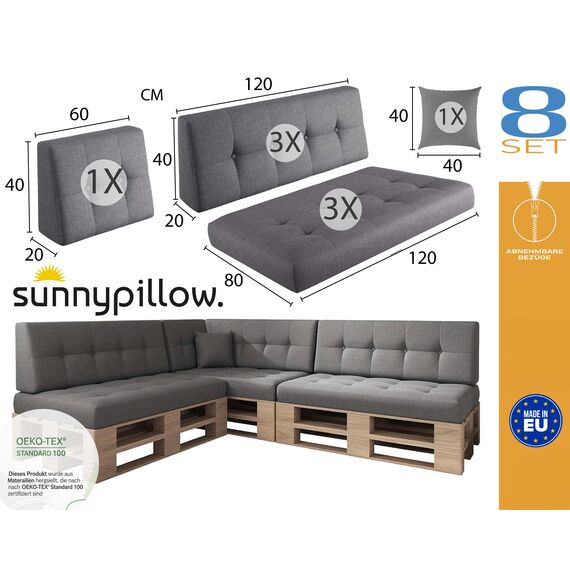 sunnypillow Palettenkissen für Palettenmöbel - 8er Set - Palettenauflage für Palettensofa - Palettenpolster für Garten, Gesteppte Kissen mit Knöpfen für Europaletten - Rückenkissen & Sitzkissen Grau