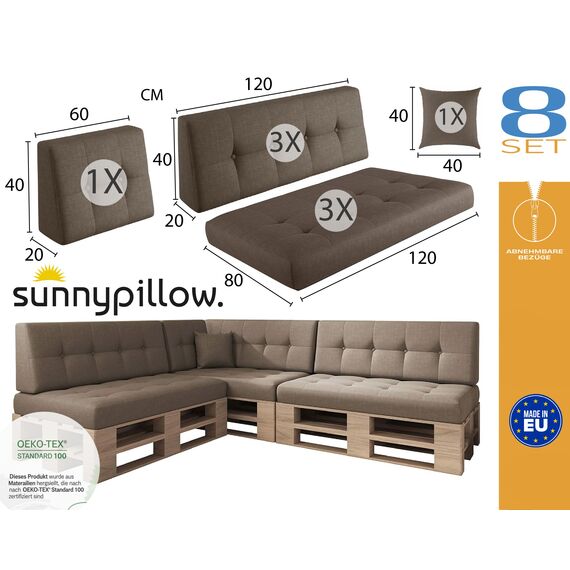 sunnypillow Palettenkissen für Palettenmöbel - 8er Set - Palettenauflage für Palettensofa - Palettenpolster für Garten, Gesteppte Kissen mit Knöpfen für Europaletten - Rückenkissen & Sitzkissen Braun