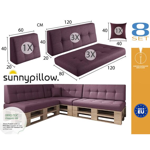 sunnypillow Palettenkissen für Palettenmöbel - 8er Set - Palettenauflage für Palettensofa - Palettenpolster für Garten, Gesteppte Kissen für Europaletten - Rückenkissen & Sitzkissen Violett