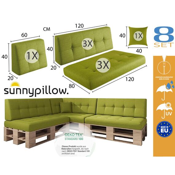 sunnypillow Palettenkissen Outdoor, UV-lichtecht, wasserdicht - 8er Set - Palettenauflage für Palettensofa für Haus und Garten - Palettenpolster für Palettenmöbel - Rückenkissen & Sitzkissen Grün