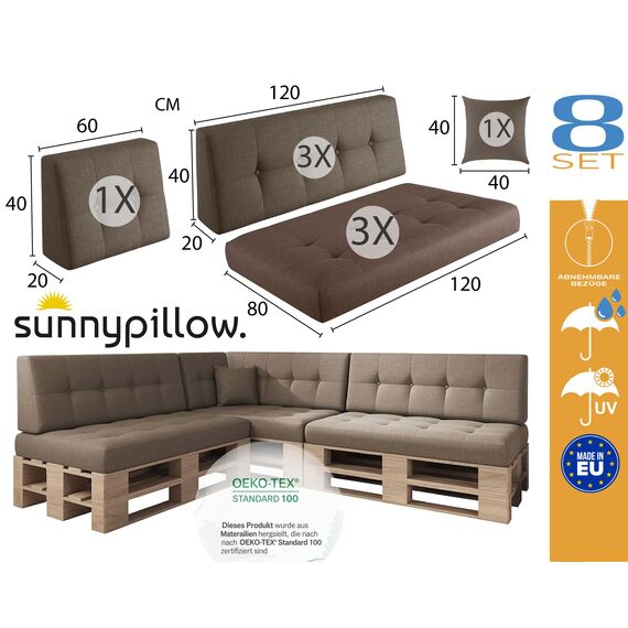 sunnypillow Palettenkissen Outdoor, UV-lichtecht, wasserdicht - 8er Set - Palettenauflage für Palettensofa für Haus und Garten - Palettenpolster für Palettenmöbel - Rückenkissen & Sitzkissen Braun