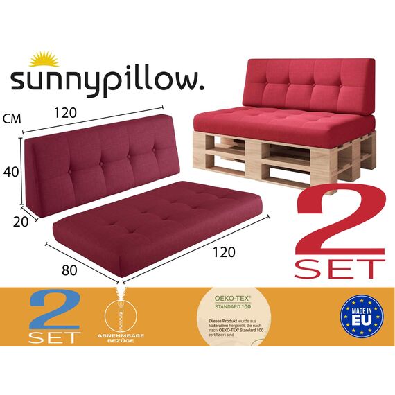 sunnypillow Palettenkissen für Palettenmöbel - 2er Set - Palettenauflage für Palettensofa - Palettenpolster für Garten, Gesteppte Kissen mit Knöpfen für Europaletten - Rückenkissen & Sitzkissen Red