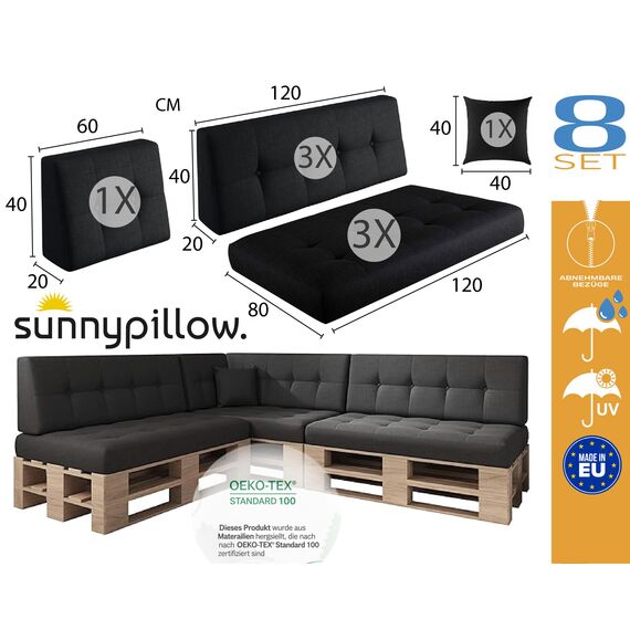 sunnypillow Palettenkissen Outdoor, UV-lichtecht, wasserdicht - 8er Set - Palettenauflage für Palettensofa für Haus, Garten - Palettenpolster für Palettenmöbel - Rückenkissen & Sitzkissen Schwarz