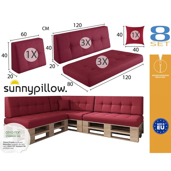 sunnypillow Palettenkissen für Palettenmöbel - 8er Set - Palettenauflage für Palettensofa - Palettenpolster für Garten, Gesteppte Kissen mit Knöpfen für Europaletten - Rückenkissen & Sitzkissen Red